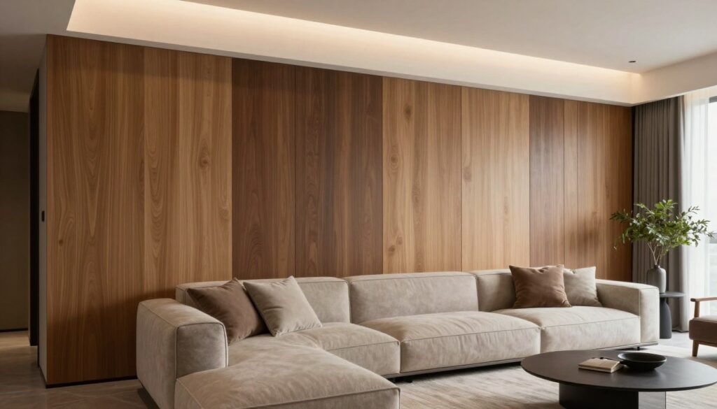 A modern living room featuring stylish wall panels (lamele) above a sleek sofa. The foreground should include a plush, neutral-colored sofa adorned with minimalistic cushions. The middle layer showcases the wall adorned with elegant wooden panels in varying tones, creating a striking visual contrast. Soft, ambient lighting enhances the textures of the panels and draws attention to the modern aesthetics. In the background, include a minimalist coffee table with a decorative plant and a tasteful area rug to complete the cozy atmosphere. The setting should have a warm, inviting mood, with natural light filtering through a window, giving the space a fresh and airy feeling. The overall composition should reflect contemporary interior design. A modern living room featuring stylish wall panels (lamele) above a sleek sofa. The foreground should include a plush, neutral-colored sofa adorned with minimalistic cushions. The middle layer showcases the wall adorned with elegant wooden panels in varying tones, creating a striking visual contrast. Soft, ambient lighting enhances the textures of the panels and draws attention to the modern aesthetics. In the background, include a minimalist coffee table with a decorative plant and a tasteful area rug to complete the cozy atmosphere. The setting should have a warm, inviting mood, with natural light filtering through a window, giving the space a fresh and airy feeling. The overall composition should reflect contemporary interior design.
