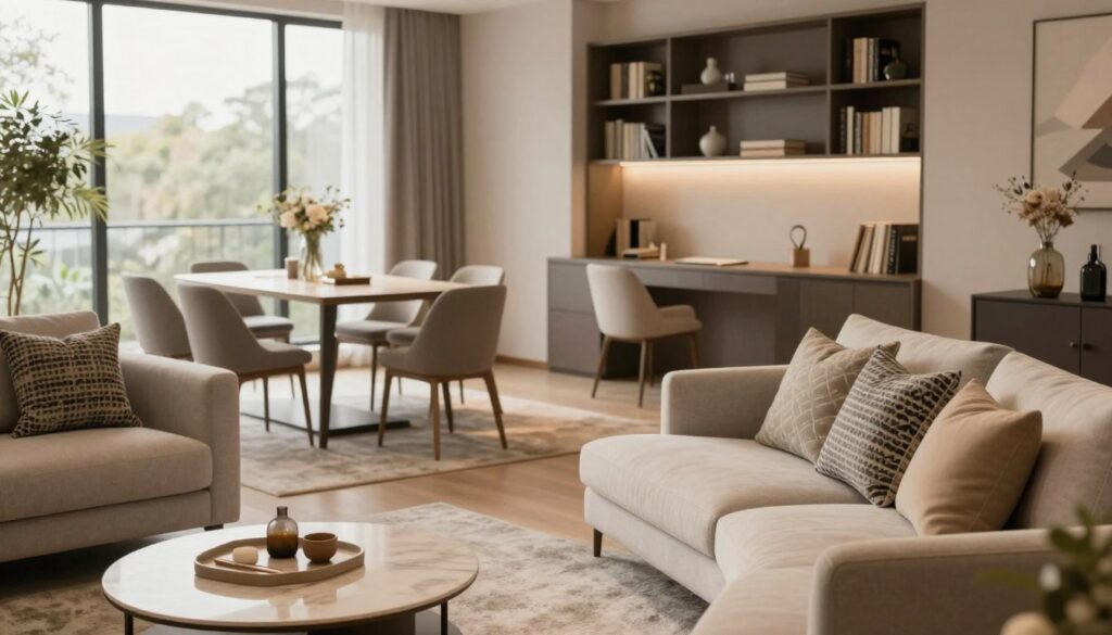 A modern living room layout illustrating the concept of defining functional zones. In the foreground, a cozy seating area with a stylish sofa and decorative cushions, arranged around a low coffee table. In the middle ground, a distinct dining space with an elegant dining table and chairs set, delineated by a plush area rug. The background features a well-organized home office nook with a sleek desk and a bookshelf filled with books and decor. Soft, warm lighting creates an inviting atmosphere, while large windows allow natural light to fill the room. The overall mood is harmonious and welcoming, emphasizing the balance between spaces in a thoughtfully designed living environment. Use a soft focus lens to enhance the cozy feel.