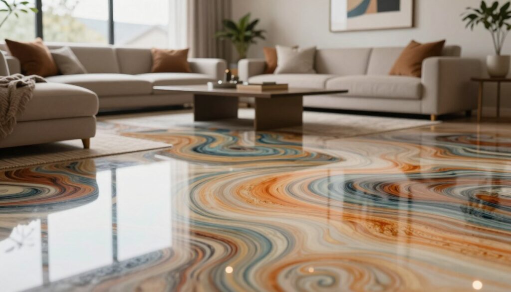 A modern living room showcasing a beautifully finished epoxy resin floor. In the foreground, the smooth, glossy surface reflects soft natural light coming from large windows, creating a tranquil atmosphere. The resin floor features a mix of vibrant colors, swirling patterns, and a high-gloss finish that adds a touch of elegance. In the middle ground, stylish furniture, like a minimalist coffee table and comfortable, cozy seating, complements the contemporary design of the space. The background reveals a tastefully decorated wall with artwork and plants, enhancing the warmth of the room. The lighting is bright yet soft, creating an inviting ambiance. The angle of the shot is slightly elevated, capturing the entirety of the room while focusing on the striking resin flooring.