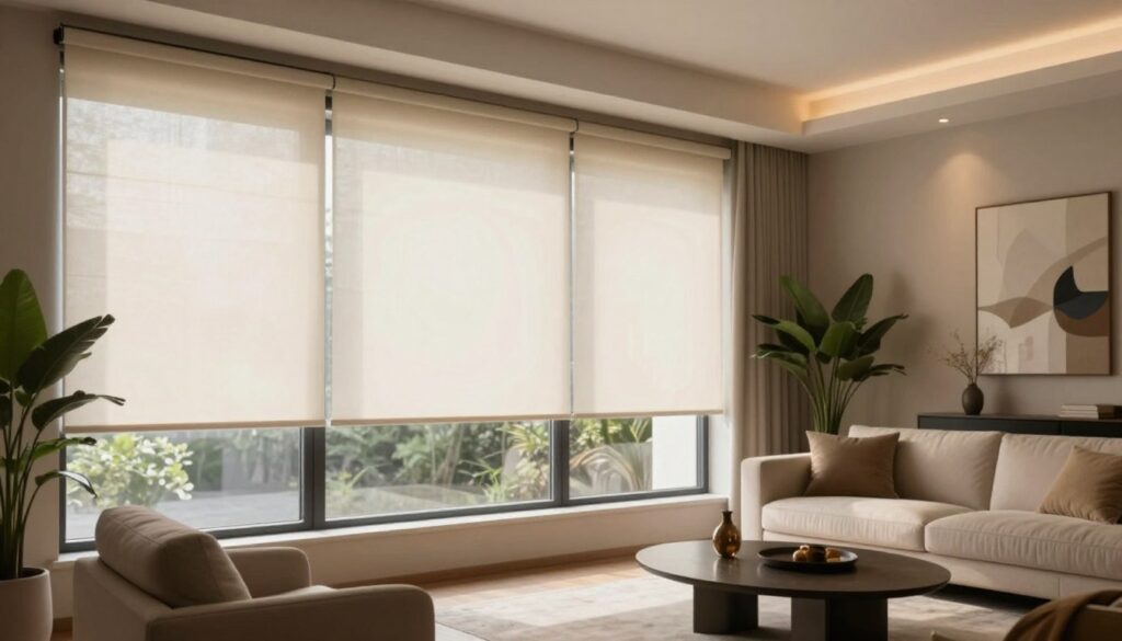 A modern living room showcasing a "non-invasive installation" of window blinds. In the foreground, focus on a stylish set of roller blinds mounted seamlessly above a large window, with a soft light filtering through, creating an inviting atmosphere. The middle ground features elegant furniture, such as a cozy sofa and a stylish coffee table, all arranged in a way that emphasizes the beauty of the blinds. The background includes a softly lit wall adorned with tasteful artwork and indoor plants, enhancing the room's ambiance. Use natural daylight to illuminate the scene with a warm glow, capturing a sense of comfort and sophistication, and shot with a slightly elevated angle to highlight the installed blinds without cropping any furniture. A modern living room showcasing a "non-invasive installation" of window blinds. In the foreground, focus on a stylish set of roller blinds mounted seamlessly above a large window, with a soft light filtering through, creating an inviting atmosphere. The middle ground features elegant furniture, such as a cozy sofa and a stylish coffee table, all arranged in a way that emphasizes the beauty of the blinds. The background includes a softly lit wall adorned with tasteful artwork and indoor plants, enhancing the room's ambiance. Use natural daylight to illuminate the scene with a warm glow, capturing a sense of comfort and sophistication, and shot with a slightly elevated angle to highlight the installed blinds without cropping any furniture.