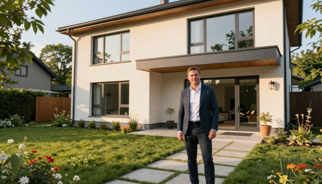 A modern, stylish home in a picturesque suburban setting, showcasing a contemporary architecture with large windows and a well-maintained garden. In the foreground, a well-dressed male figure resembling Michał Wiśniewski, wearing smart casual attire, stands confidently near the entrance, looking towards the camera with a friendly expression. The middle ground features the house, with a welcoming atmosphere, bathed in warm afternoon sunlight that creates soft shadows. In the background, lush green trees and colorful flowers add vibrancy to the scene, enhancing the serene vibe. Capture this moment from a slightly elevated angle to provide depth, with a focus on warm colors to evoke a sense of comfort and familiarity.