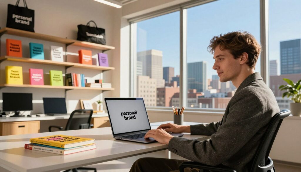 A modern, stylish workspace representing the concept of "personal brand" in a vibrant city. In the foreground, a confident individual dressed in smart casual attire is seated at a sleek desk, showcasing a laptop with the Team Kaluch logo on the screen. The middle ground features shelves adorned with motivational books and merchandise from the Team Kaluch shop, with bright colors emphasizing creativity and energy. In the background, large windows reveal a bustling city skyline under a clear blue sky, casting warm natural light into the room. Capture a dynamic atmosphere that reflects innovation and entrepreneurship, showcasing the essence of personal branding in a professional yet approachable manner. The lens angle should be slightly elevated to highlight both the workspace and the city view beyond.