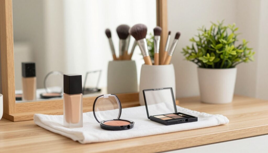 A neatly arranged selection of natural makeup products displayed on a wooden vanity. In the foreground, showcase a variety of cosmetics: a soft foundation bottle, a light blush compact, and a neutral eyeshadow palette, elegantly placed on a delicate white cloth. In the middle, an assortment of brushes in a stylish holder, and a small, lush green plant adding freshness. The background features a soft-focus mirror reflecting warm, natural light, creating a serene and inviting atmosphere. Use soft, diffused lighting to enhance the warm tones of the makeup and the natural wood texture. Aim for a clean, minimalistic aesthetic that conveys a sense of everyday beauty routine, emphasizing simplicity and elegance.