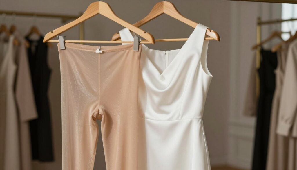 A pair of cieliste (nude) tights elegantly draped over a white silk dress hanging neatly on a classic wooden hanger. The foreground features a close-up of the fine texture and sheen of the tights, highlighting their seamless design. In the middle ground, the soft drape of the white dress cascades gracefully, suggesting a refined and sophisticated look perfect for various occasions. The background displays a softly blurred dressing room, adorned with warm lighting that adds a cozy yet elegant atmosphere. Natural light filters through a window, casting gentle shadows, enhancing the overall mood of sophistication and style. The scene captures the essence of timeless elegance, focusing on the pairing of cieliste tights with a classic white dress, embodying fashion harmony.