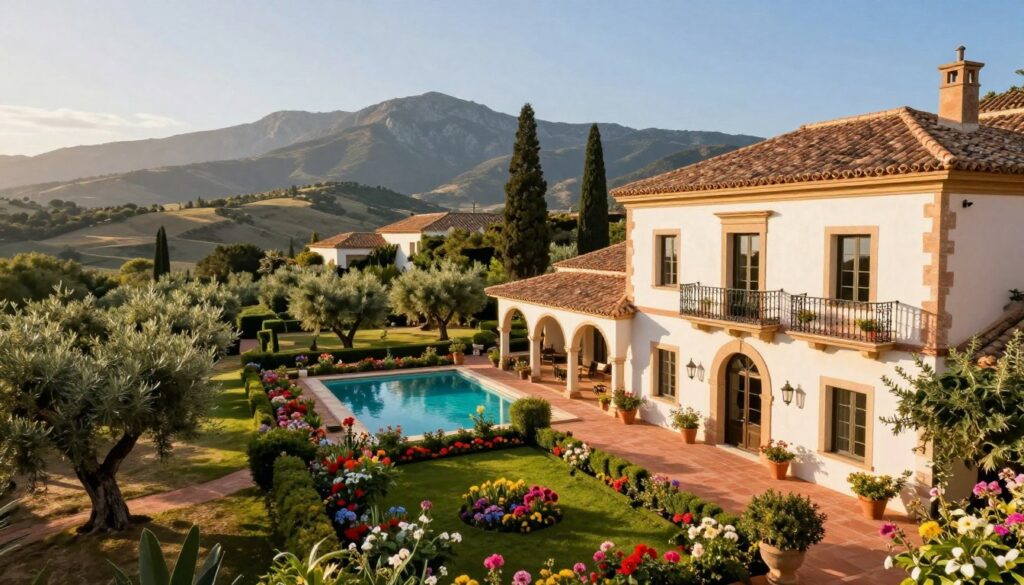A picturesque Spanish estate showcasing its rich architectural heritage, set against a backdrop of rolling hills and blue skies. In the foreground, a grand villa with vibrant terracotta tiles, elegant wrought iron balconies, and lush gardens filled with colorful blooms. The middle ground features olive groves and cypress trees, leading to an inviting swimming pool reflecting the sunlight. In the background, the majestic mountains frame the scene, adding depth to the landscape. The image captures a warm, inviting atmosphere with soft, golden lighting, reminiscent of a sunny afternoon. The angle is slightly elevated, allowing for a panoramic view of the estate, enhancing the sense of serenity and luxury.