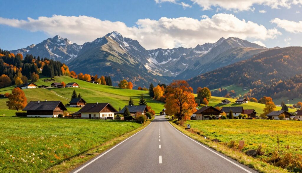 A picturesque road stretching from Krzeszowice to Warsaw and Szczawnica, winding through lush green landscapes and vibrant autumn colors. In the foreground, a serene view of the road, flanked by fields of wildflowers and a clear blue sky overhead. The middle ground showcases quaint Polish houses with rustic rooftops, interspersed with trees adorned in vibrant hues of fall. In the background, the majestic Tatra Mountains rise, their peaks dusted with light snow, capturing the essence of the region. Soft sunlight filters through the clouds, casting a warm and inviting glow, evoking a sense of nostalgia and the journey of life. The scene exudes tranquility and beauty, inviting viewers to immerse themselves in the rich cultural landscape of Poland.