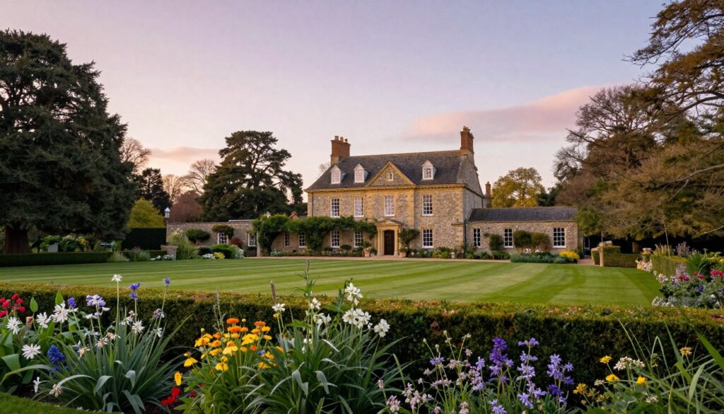 A picturesque view of Adelaide Cottage, a charming residence set within the lush grounds of Windsor Great Park, highlighting its elegant Georgian architecture. In the foreground, vibrant wildflowers and neatly trimmed hedges frame the cottage's symmetrical façade, complete with white windows and a welcoming front door. The middle ground features the cottage's beautifully manicured lawn and the classic elements of its charming exterior, adding a sense of warmth. In the background, towering trees and the expansive park blend seamlessly with the sky, painted in soft pastel hues of a late afternoon sun, casting a gentle glow on the scene. The mood is tranquil and inviting, reflecting the serenity of the royal family's countryside retreat. Shot from a slightly elevated angle using a wide lens to capture the surrounding beauty and promote a sense of openness.