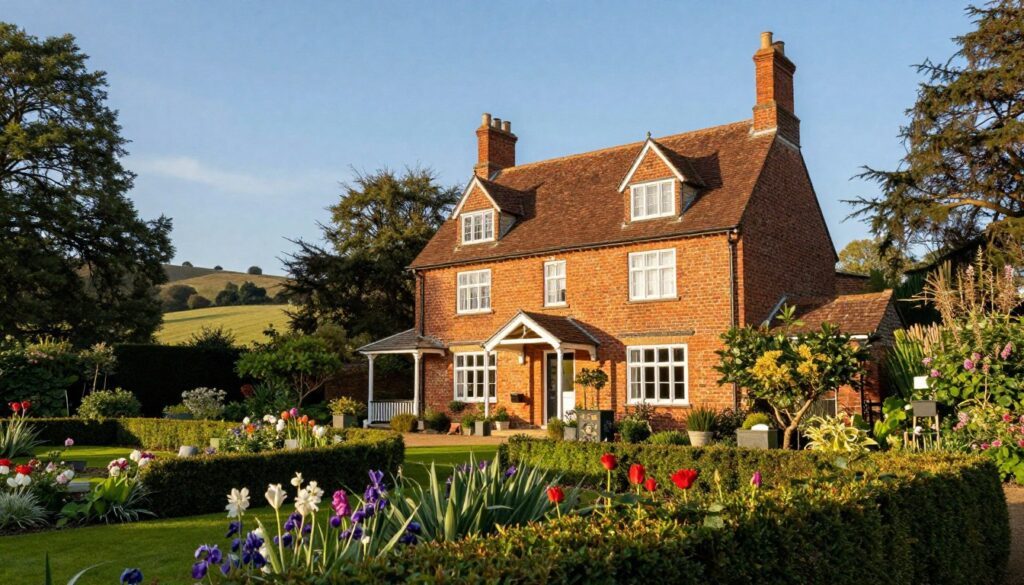A picturesque view of Adelaide Cottage, nestled in the serene landscape of Windsor Great Park, England. In the foreground, a beautifully maintained garden with vibrant flowers and manicured hedges leads up to the cottage, showcasing its charming brick facade and white window frames. The middle ground features the inviting porch of the cottage, framed by lush greenery and towering trees. In the background, soft hills fade into a clear blue sky, bathed in warm, golden sunlight, creating a tranquil atmosphere. The image captures the essence of a royal residence, reflecting both elegance and comfort, with a focus on detail such as the textures of the brick and the colors of the garden, shot from a slight angle to highlight the cottage’s inviting features.