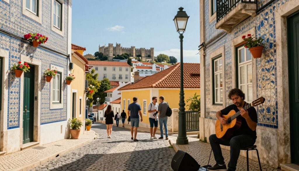 A picturesque view of Alfama, Lisbon, capturing its vibrant streets filled with character. In the foreground, a quaint cobblestone alleyway lined with colorful houses adorned with traditional azulejos, featuring hanging flower pots. A musician plays the classical guitar, evoking a sense of artistic inspiration. In the middle ground, locals engage in lively conversation under the shade of a vintage lamp post. The background showcases the iconic São Jorge Castle rising majestically against a clear blue sky, with hints of the river shimmering in the distance. Soft, warm sunlight bathes the scene, creating a nostalgic atmosphere, perfect for reflecting on cultural heritage and artistic roots. The composition is shot from a low angle to emphasize the charm of the neighborhood and its musical essence.