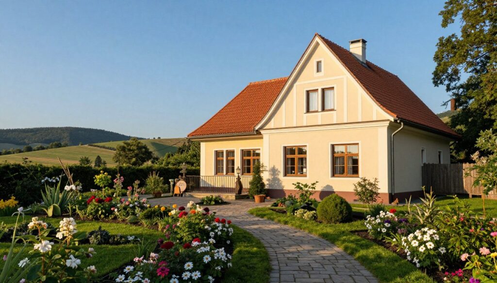 A picturesque view of a charming countryside house owned by Katarzyna Dowbor, nestled under a clear blue sky outside Warsaw. The foreground features a well-kept garden with blooming flowers and a winding stone path leading to the entrance. The middle ground showcases the elegant house, painted in soft pastel colors, with large windows reflecting sunlight, surrounded by lush greenery. In the background, gently rolling hills create a serene atmosphere. The scene is illuminated by warm, golden hour lighting, creating a cozy and inviting mood. The perspective is slightly elevated, capturing both the house and the surrounding landscape. No people are present in the image, ensuring a focus on the tranquil setting.