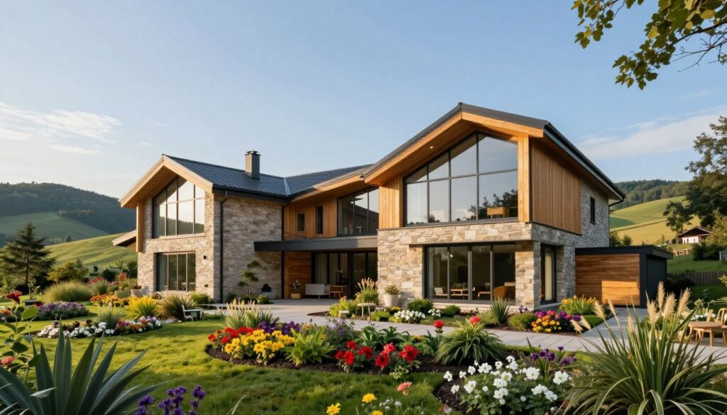A picturesque view of a modern architectural masterpiece nestled in the lush Małopolska landscape, showcasing sleek lines and large glass windows that blend seamlessly with the natural surroundings. In the foreground, a beautifully landscaped garden features vibrant flowers and native plants, creating a welcoming entryway. The middle ground emphasizes the house, which is built with natural stone and wood elements, reflecting a harmonious relationship with the environment. In the background, gentle rolling hills and a clear blue sky complete the serene setting. The scene is bathed in warm, golden sunlight, casting soft shadows and enhancing the overall inviting atmosphere. The composition is captured from a slight elevation to provide a comprehensive view of the property and its stunning location. A picturesque view of a modern architectural masterpiece nestled in the lush Małopolska landscape, showcasing sleek lines and large glass windows that blend seamlessly with the natural surroundings. In the foreground, a beautifully landscaped garden features vibrant flowers and native plants, creating a welcoming entryway. The middle ground emphasizes the house, which is built with natural stone and wood elements, reflecting a harmonious relationship with the environment. In the background, gentle rolling hills and a clear blue sky complete the serene setting. The scene is bathed in warm, golden sunlight, casting soft shadows and enhancing the overall inviting atmosphere. The composition is captured from a slight elevation to provide a comprehensive view of the property and its stunning location.