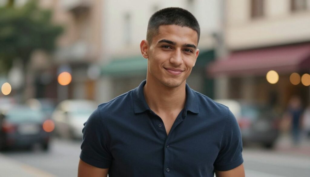 A portrait of a confident young man with a stylish crew cut, showcasing this classic hairstyle. He has an angular face and strong jawline, exuding a sense of modern masculinity. The foreground features him standing with a slight smile, dressed in a smart casual outfit—perhaps a fitted button-up shirt with rolled sleeves. In the middle ground, we see a soft-focus urban environment with subtle bokeh from city lights, indicating a lively atmosphere. The lighting is warm and natural, highlighting the texture of the crew cut and creating a flattering glow on his skin. The angle is slightly low, giving him an empowering presence against the charming backdrop. The overall mood is stylish, approachable, and contemporary, emphasizing how the crew cut suits various face shapes.