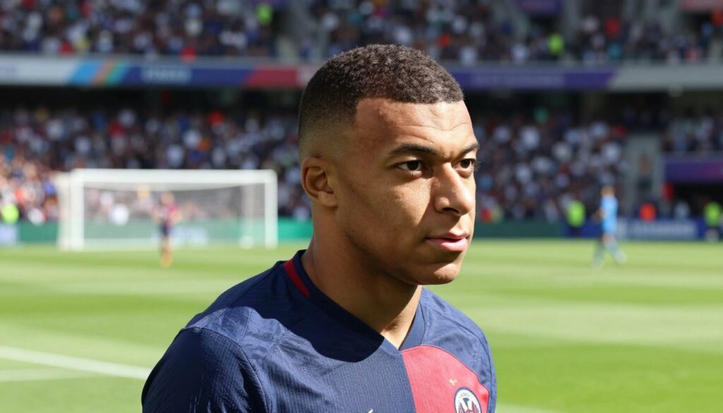 A portrait of a young male soccer player inspired by Kylian Mbappé’s hairstyle, showcasing a stylish short cut with textured layers on top and faded sides. The player is standing confidently on a soccer field, dressed in a sleek, modern sports uniform featuring subtle team colors. The foreground highlights his focused expression, embodying determination. In the middle ground, the vibrant green field and goalposts create a dynamic sports atmosphere. The background captures a blurred stadium filled with cheering fans under bright sunlight, enhancing the excitement of the moment. The lighting is bright and natural, emphasizing the player's hair and features. The overall mood is energetic and inspiring, reflecting the impact of Mbappé's iconic hairstyle in the world of sports. A portrait of a young male soccer player inspired by Kylian Mbappé’s hairstyle, showcasing a stylish short cut with textured layers on top and faded sides. The player is standing confidently on a soccer field, dressed in a sleek, modern sports uniform featuring subtle team colors. The foreground highlights his focused expression, embodying determination. In the middle ground, the vibrant green field and goalposts create a dynamic sports atmosphere. The background captures a blurred stadium filled with cheering fans under bright sunlight, enhancing the excitement of the moment. The lighting is bright and natural, emphasizing the player's hair and features. The overall mood is energetic and inspiring, reflecting the impact of Mbappé's iconic hairstyle in the world of sports.