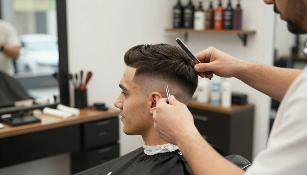 A professional barber in a modern, well-lit barbershop, focusing on a fresh brzytwa skin fade hairstyle. The barber is using a straight razor to create precise, clean lines, emphasizing the smooth transition from short hair to scalp. The subject, a young man in smart casual attire, sits confidently in the barber chair, with a relaxed expression. Warm, natural light filters through a window, creating a welcoming atmosphere. In the background, shelves of hair products and grooming tools are neatly organized, enhancing the professional setting. The angle captures the close-up of the barber's skilled hands in action, highlighting the artistry of the skin fade technique and the meticulous details of the haircut.