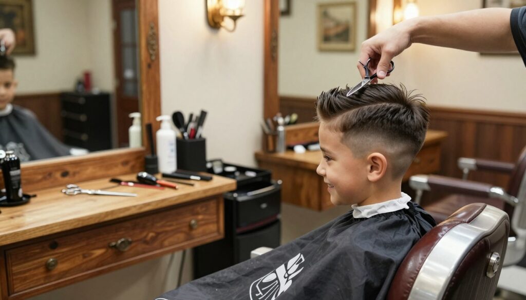 A professional barber shop interior focused on a stylish haircut for a young boy. Foreground features a barber carefully shaping the boy's modern mushroom haircut using scissors, showcasing precision and expertise. The boy, around 8 years old, sits in a classic barber chair, wearing a stylish cape and looking pleased with his haircut. In the middle, a well-organized barber station with tools like scissors, combs, and hair clippers is visible. In the background, a warm and inviting atmosphere with soft lighting highlights the vintage decor of the shop, including mirrors and rustic wooden accents. The scene conveys a sense of professionalism and modern style, emphasizing the importance of a successful haircut. A professional barber shop interior focused on a stylish haircut for a young boy. Foreground features a barber carefully shaping the boy's modern mushroom haircut using scissors, showcasing precision and expertise. The boy, around 8 years old, sits in a classic barber chair, wearing a stylish cape and looking pleased with his haircut. In the middle, a well-organized barber station with tools like scissors, combs, and hair clippers is visible. In the background, a warm and inviting atmosphere with soft lighting highlights the vintage decor of the shop, including mirrors and rustic wooden accents. The scene conveys a sense of professionalism and modern style, emphasizing the importance of a successful haircut.