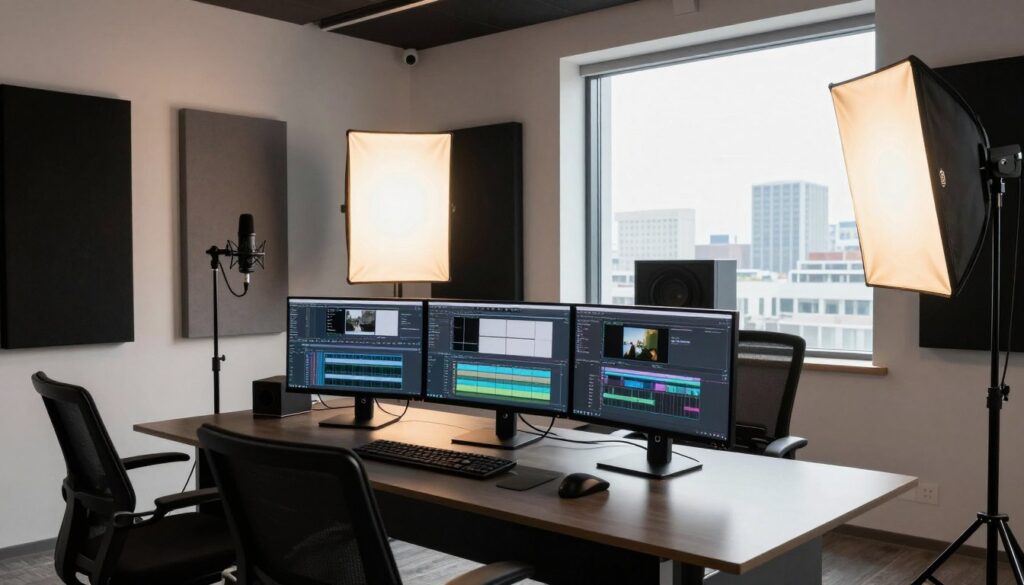 A professional content production studio filled with high-end equipment. In the foreground, a sleek computer desk with multiple monitors displaying editing software, surrounded by stylish studio chairs. In the middle, large soundproof panels on the walls and a high-quality microphone on a stand, with softboxes providing warm light that creates an inviting atmosphere. A large window in the background floods the room with natural light, revealing a city skyline outside. The color palette is modern and minimalistic, with blacks, whites, and a hint of wood accents. The mood is focused and creative, perfect for inspiring content creation. The scene is devoid of any people, emphasizing the studio's professional environment.