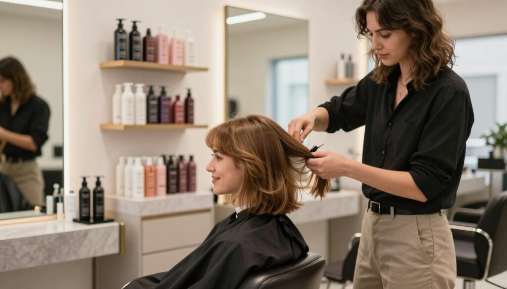 A professional hair care setting featuring a modern, stylish salon interior. In the foreground, a confident hairstylist, dressed in smart casual attire, is applying a volumizing treatment to a client’s fine, bob haircut, accentuating the hair's movement and texture. The client, a woman with medium-length, light brown hair, is seated in a sleek salon chair, looking relaxed and pleased. In the middle ground, shelves stocked with high-quality hair care products highlight the focus on professional treatments that enhance hair density. The background showcases large mirrors reflecting soft, natural lighting that creates a warm and inviting atmosphere. The overall mood is uplifting and reassuring, conveying a sense of empowerment through expert hair care.