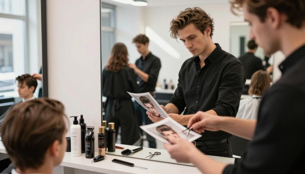 A professional hairstylist in a well-lit salon, examining a reference photo of Marek Mostowiak's iconic haircut while standing in front of a large mirror. The stylist, dressed in smart casual attire, has a focused expression, surrounded by salon tools like scissors, clippers, and combs. On the countertop, various hair products are neatly arranged, indicating the preparation for a haircut. In the background, other stylists are engaged with clients, creating a vibrant, bustling atmosphere. Soft, natural lighting filters through a large window, casting gentle shadows and highlighting the stylist's concentration. The image conveys a sense of dedication to precision and the common mistakes people make when trying to replicate this distinctive hairstyle. A professional hairstylist in a well-lit salon, examining a reference photo of Marek Mostowiak's iconic haircut while standing in front of a large mirror. The stylist, dressed in smart casual attire, has a focused expression, surrounded by salon tools like scissors, clippers, and combs. On the countertop, various hair products are neatly arranged, indicating the preparation for a haircut. In the background, other stylists are engaged with clients, creating a vibrant, bustling atmosphere. Soft, natural lighting filters through a large window, casting gentle shadows and highlighting the stylist's concentration. The image conveys a sense of dedication to precision and the common mistakes people make when trying to replicate this distinctive hairstyle.