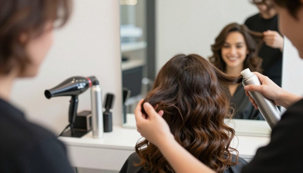 A professional hairstylist in a well-lit salon is demonstrating hair volume techniques on a model with medium-length, wavy hair. The foreground showcases the stylist applying volumizing mousse with hands slightly raised, highlighting the texture. In the middle, a large mirror reflects the model's smiling face, showcasing the elegant, bouncy hairstyle. The background features stylish salon equipment, such as a sleek hairdryer and brushes, creating a vibrant atmosphere. Soft, natural lighting bathes the scene, enhancing the shiny hair. The overall mood is uplifting and approachable, emphasizing beauty and self-care. The composition is framed to capture both the stylist's actions and the model's transformation.
