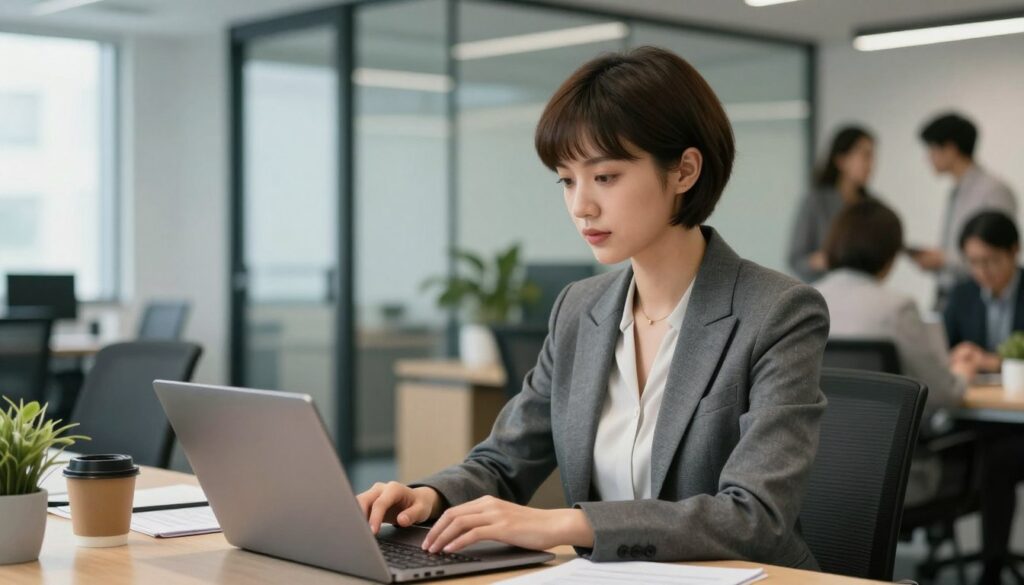 A professional office setting featuring a young woman with an undercut hairstyle, styled neatly for work. She is wearing a smart business attire, such as a tailored blazer and blouse, with minimal accessories. The foreground includes her focused expression as she works at a desk with a laptop, papers, and a coffee cup. The middle layer showcases the modern office with glass partitions and contemporary decor, while the background hints at a few colleagues engaged in casual conversation. Soft, natural lighting filters in through large windows, creating a bright and inviting atmosphere. The camera captures her from a slight angle, emphasizing her hairstyle while retaining a professional vibe that suits a corporate environment. A professional office setting featuring a young woman with an undercut hairstyle, styled neatly for work. She is wearing a smart business attire, such as a tailored blazer and blouse, with minimal accessories. The foreground includes her focused expression as she works at a desk with a laptop, papers, and a coffee cup. The middle layer showcases the modern office with glass partitions and contemporary decor, while the background hints at a few colleagues engaged in casual conversation. Soft, natural lighting filters in through large windows, creating a bright and inviting atmosphere. The camera captures her from a slight angle, emphasizing her hairstyle while retaining a professional vibe that suits a corporate environment.