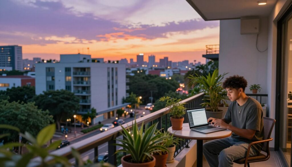 A scenic urban landscape showcasing a cozy apartment where a popular content creator, named Wazzup, might live. In the foreground, a stylish balcony adorned with potted plants and a small table with a laptop, indicating a creative workspace. The middle ground features a modern building surrounded by trees and vibrant city life, slightly blurred to focus on the balcony. The background reveals a sunset skyline with warm hues of orange and purple, casting a soft glow over the scene. The atmosphere is inviting and creative, suggesting a blend of relaxation and productivity. Use natural lighting to enhance the warm colors, captured from a slight angle to create depth and intimacy in the composition.