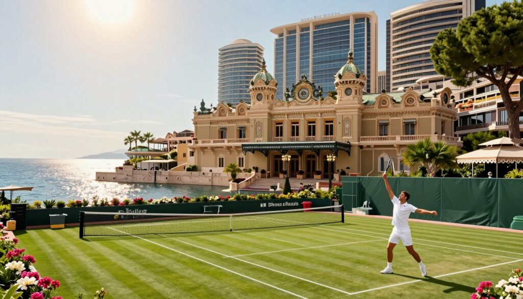 A scenic view of Monte Carlo, Monaco, featuring its iconic luxurious architecture and stunning coastline. In the foreground, a well-manicured tennis court with vibrant green grass, where a professional tennis player in a white polo and shorts practices their serve, demonstrating focus and athleticism. The middle ground showcases the grand casinos and sleek high-rise buildings, adorned with lavish flowers and trees. In the background, the azure Mediterranean Sea glimmers under a bright, sunny sky, casting soft reflections on the water's surface. The lighting is warm and inviting, perfect for a sunny day. The overall atmosphere is one of elegance and professionalism, embodying a world-class training environment for athletes.