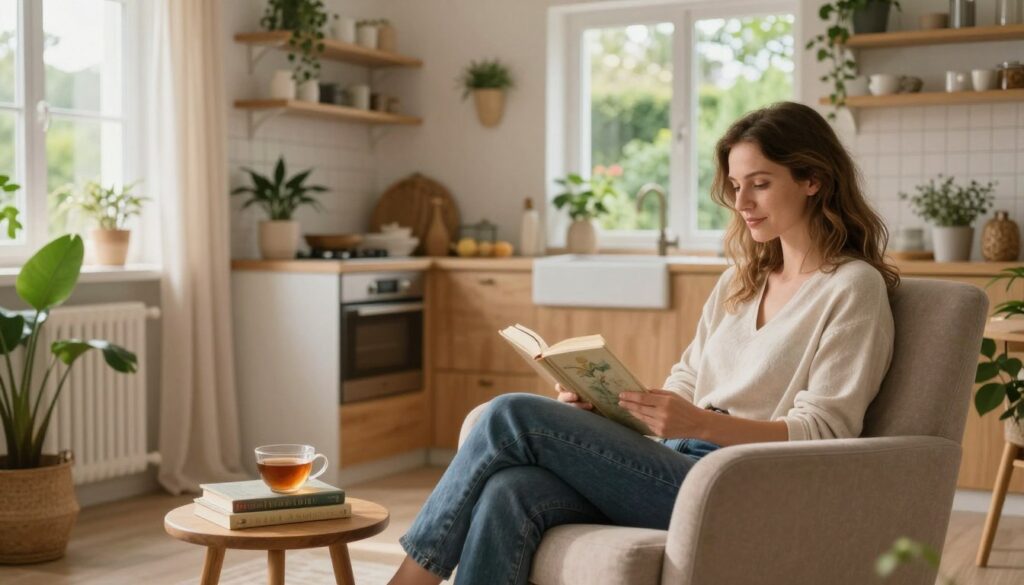 A serene and inviting living space belonging to Sława Przybylska, showcasing her everyday environment. In the foreground, a cozy reading nook with a plush armchair, a small wooden side table with a delicate cup of tea, and a stack of books. In the middle, a bright, open kitchen area featuring modern appliances, indoor plants, and warm wooden cabinets, adorned with charming decor items. The background reveals a sunlit window with curtain drapes that gently flutter in the breeze, framing a peaceful garden view. The atmosphere is tranquil and homely, illuminated by soft, natural light, creating a warm and welcoming feeling. This scene conveys a harmonious blend of comfort and creativity, reflecting the artist's personality.