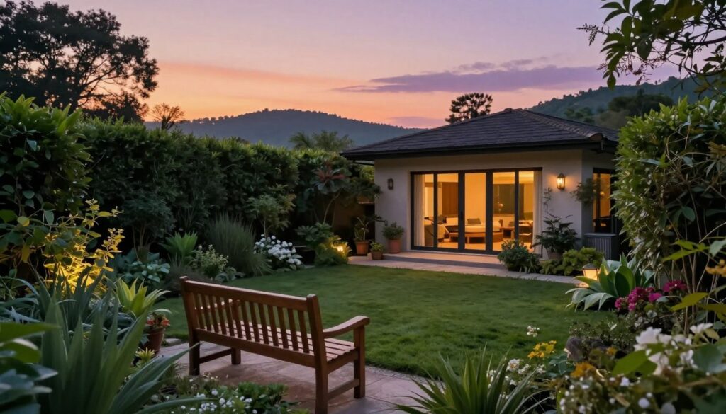 A serene and private outdoor space representing the essence of "privacy." In the foreground, a cozy, elegant garden setting with lush greenery, including tall hedges and flowering shrubs, offers a sense of seclusion. A stylish wooden bench is positioned thoughtfully, inviting contemplation. The middle ground features a quaint, modern home with large windows, surrounded by soft, ambient lighting, hinting at a warm, welcoming atmosphere. In the background, gentle rolling hills fade into a twilight sky, showcasing soft pastel hues of orange, pink, and purple, suggesting the end of a peaceful day. The image captures a tranquil and exclusive feel, emphasizing the importance of privacy in a busy world. The perspective is slightly elevated, creating an inviting view of the space that suggests both security and comfort.