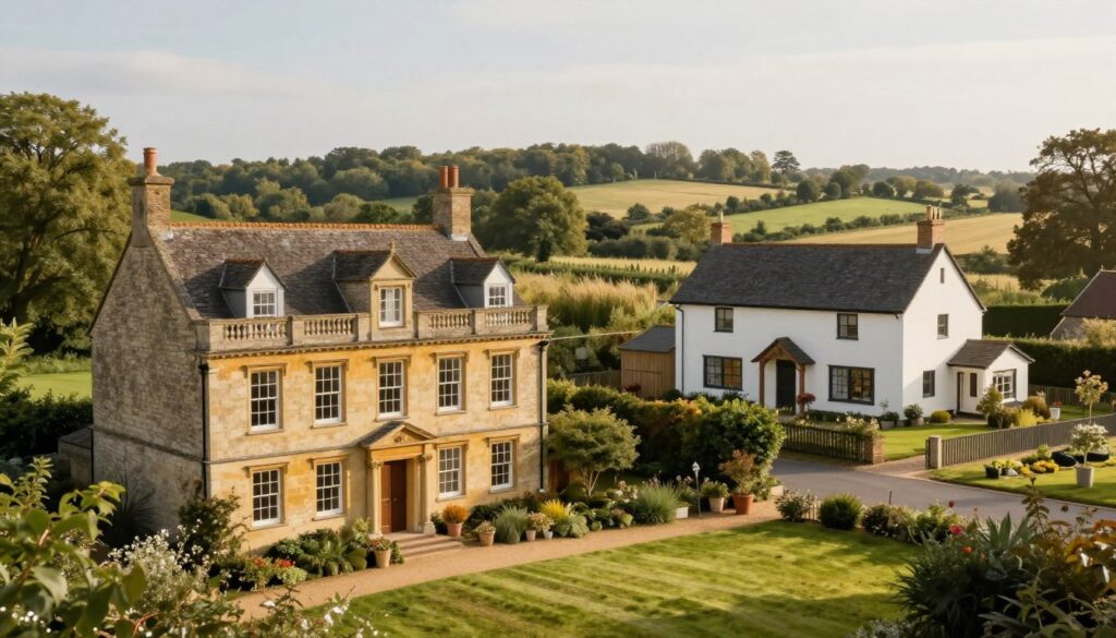 A serene and respectful representation of the evolution of a clergyman's living conditions through time. In the foreground, an elegant, well-maintained historical rectory surrounded by lush greenery, showcasing traditional architecture. In the middle ground, a contrast of past and present with a smaller, rustic dwelling depicted on one side, evolving into a modern, stylish residence with tasteful, minimalist design on the other. In the background, a peaceful countryside landscape under soft, warm sunlight, creating a harmonious atmosphere. The scene captures a sense of tranquility, progress, and the warmth of home, inviting reflection on the changes over time. The angle is slightly elevated, offering a panoramic view, with no people present, ensuring a focus on the living spaces themselves.