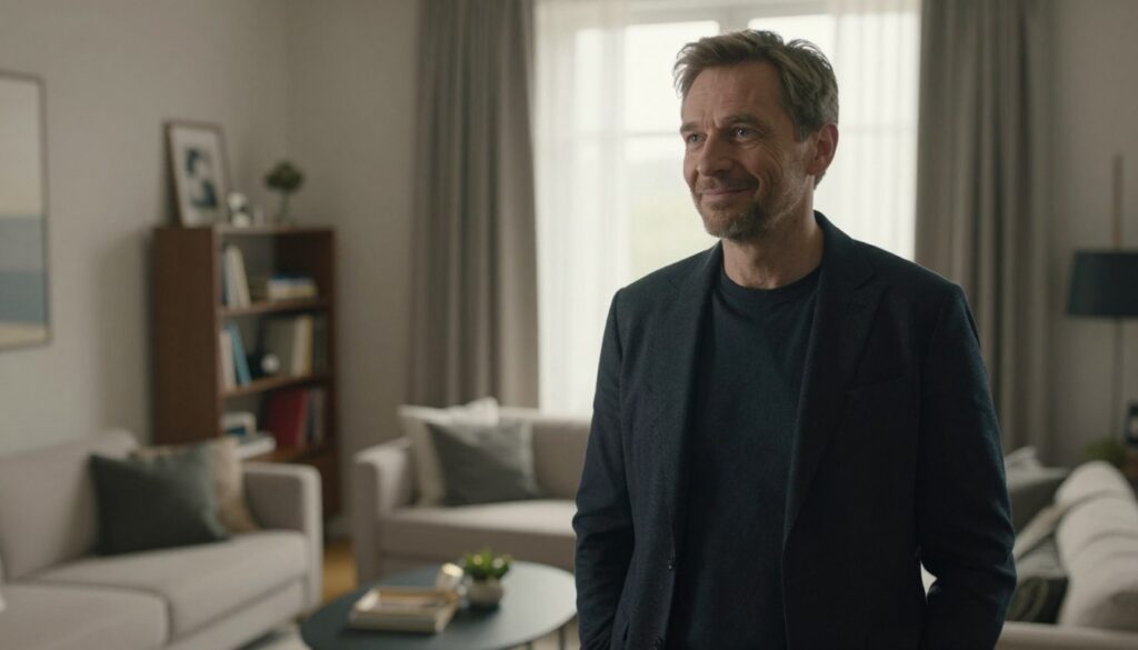 A serene, atmospheric portrait of Jacek Murański, a public figure known for his celebrity status, standing thoughtfully in a stylish, modern living room. He is dressed in smart casual attire, exuding a sense of privacy and introspection. In the foreground, a soft-focus portrait of him, with a gentle smile and contemplative expression, conveys a blend of charisma and sincerity. The middle ground features elegant furniture and a small bookshelf filled with books and personal mementos, hinting at his interests while emphasizing the boundary between public and private life. The background reveals a large window with sheer curtains, allowing natural light to flood the room, creating a warm, inviting atmosphere. The soft lighting enhances the sense of tranquility, inviting viewers to ponder the delicate balance of sharing and privacy in a celebrity's life. A serene, atmospheric portrait of Jacek Murański, a public figure known for his celebrity status, standing thoughtfully in a stylish, modern living room. He is dressed in smart casual attire, exuding a sense of privacy and introspection. In the foreground, a soft-focus portrait of him, with a gentle smile and contemplative expression, conveys a blend of charisma and sincerity. The middle ground features elegant furniture and a small bookshelf filled with books and personal mementos, hinting at his interests while emphasizing the boundary between public and private life. The background reveals a large window with sheer curtains, allowing natural light to flood the room, creating a warm, inviting atmosphere. The soft lighting enhances the sense of tranquility, inviting viewers to ponder the delicate balance of sharing and privacy in a celebrity's life.