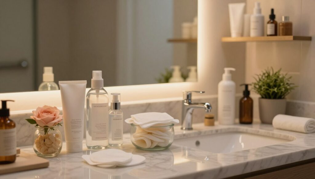 A serene bathroom setting at dusk, showcasing a neatly arranged demakijaż setup. In the foreground, a marble countertop displays a range of skincare products, including a gentle cleanser, micellar water, and soft cotton pads. A stylish glass jar filled with natural facial wipes sits beside a delicate rose. In the middle, a reflective mirror captures the calming ambiance, while warm, soft lighting creates a tranquil atmosphere. The background features soft-focus shelves adorned with neatly arranged skincare items and a small potted plant, adding a touch of nature. The overall mood conveys relaxation and care, perfect for an evening skincare routine, inviting viewers to indulge in self-pampering. No people are present in the scene. A serene bathroom setting at dusk, showcasing a neatly arranged demakijaż setup. In the foreground, a marble countertop displays a range of skincare products, including a gentle cleanser, micellar water, and soft cotton pads. A stylish glass jar filled with natural facial wipes sits beside a delicate rose. In the middle, a reflective mirror captures the calming ambiance, while warm, soft lighting creates a tranquil atmosphere. The background features soft-focus shelves adorned with neatly arranged skincare items and a small potted plant, adding a touch of nature. The overall mood conveys relaxation and care, perfect for an evening skincare routine, inviting viewers to indulge in self-pampering. No people are present in the scene.