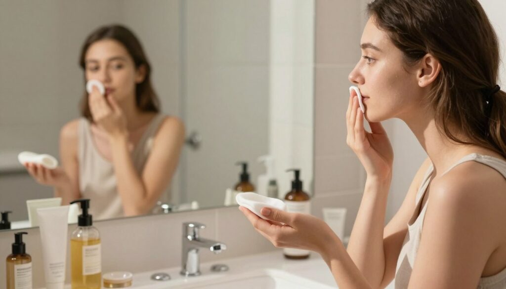 A serene bathroom setting featuring a young woman in modest casual clothing gently removing her makeup. In the foreground, she holds a soft cotton pad soaked in a gentle cleanser, while her other hand thoughtfully touches her face. The middle area includes a stylish, well-lit vanity with natural light streaming in, illuminating various skincare products, such as a cleansing oil and moisturizer. In the background, a mirror reflects her focused expression, enhancing the feeling of self-care. The atmosphere is calming and inviting, with warm, neutral tones and soft shadows creating a soothing vibe. The angle captures her face, emphasizing the importance of a safe and effective makeup removal routine. A serene bathroom setting featuring a young woman in modest casual clothing gently removing her makeup. In the foreground, she holds a soft cotton pad soaked in a gentle cleanser, while her other hand thoughtfully touches her face. The middle area includes a stylish, well-lit vanity with natural light streaming in, illuminating various skincare products, such as a cleansing oil and moisturizer. In the background, a mirror reflects her focused expression, enhancing the feeling of self-care. The atmosphere is calming and inviting, with warm, neutral tones and soft shadows creating a soothing vibe. The angle captures her face, emphasizing the importance of a safe and effective makeup removal routine.