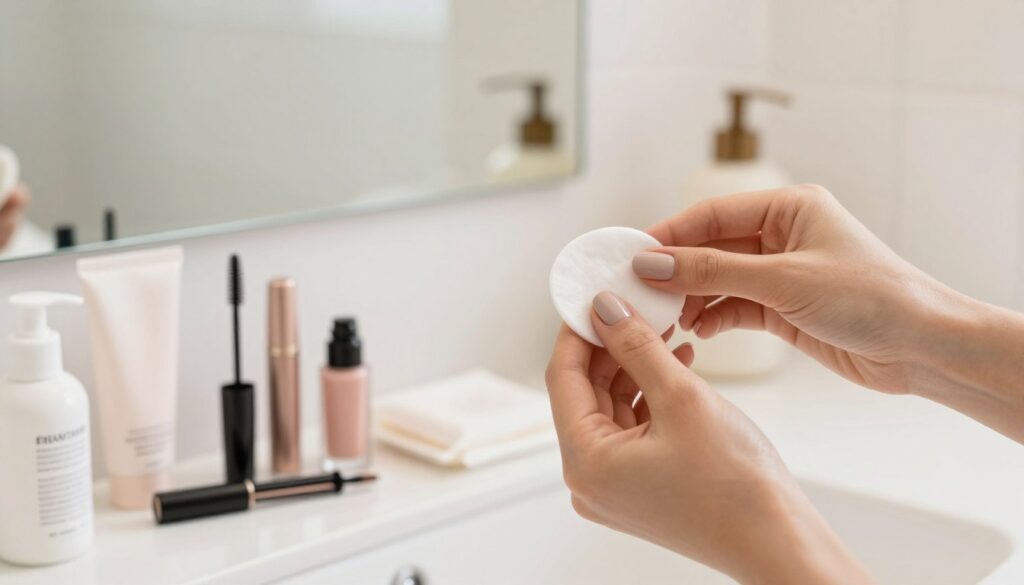 A serene bathroom setting with soft, natural lighting. In the foreground, a gentle hand is applying an eye makeup remover on a cotton pad, showcasing essential techniques for safely removing eye makeup. The hand is elegantly positioned, with neutral nail polish, to evoke a sense of care and precision. In the middle ground, a well-organized countertop features various eye makeup products, like mascara and eyeliner, along with gentle skincare items, such as hydrating creams and soothing wipes. The background consists of a softly blurred mirror reflecting the calming decor of the bathroom, emphasizing a peaceful atmosphere. The color palette is soft pastels, promoting relaxation and self-care, suitable for an informative article on eye makeup removal techniques. A serene bathroom setting with soft, natural lighting. In the foreground, a gentle hand is applying an eye makeup remover on a cotton pad, showcasing essential techniques for safely removing eye makeup. The hand is elegantly positioned, with neutral nail polish, to evoke a sense of care and precision. In the middle ground, a well-organized countertop features various eye makeup products, like mascara and eyeliner, along with gentle skincare items, such as hydrating creams and soothing wipes. The background consists of a softly blurred mirror reflecting the calming decor of the bathroom, emphasizing a peaceful atmosphere. The color palette is soft pastels, promoting relaxation and self-care, suitable for an informative article on eye makeup removal techniques.
