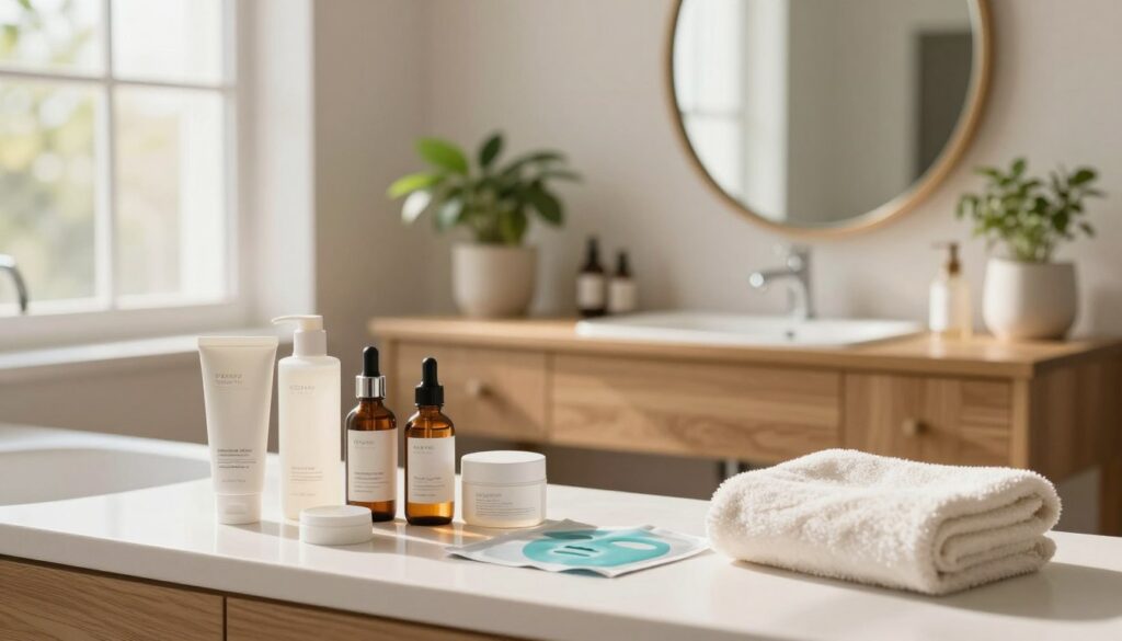 A serene beauty setup showcasing an elegant bathroom countertop. In the foreground, neatly arranged skincare products such as moisturizers, serums, and facial masks, elegantly placed beside a soft, fluffy towel. The middle layer features a wooden vanity with an ornate mirror reflecting natural daylight, casting a warm glow over the scene. In the background, a window allows soft sunlight to filter in, adding a soothing ambiance to the room. The atmosphere is tranquil and inviting, perfect for self-care. Include lush potted plants for a touch of greenery, and maintain a clean, minimalistic aesthetic to emphasize the importance of proper skin preparation for makeup longevity. A serene beauty setup showcasing an elegant bathroom countertop. In the foreground, neatly arranged skincare products such as moisturizers, serums, and facial masks, elegantly placed beside a soft, fluffy towel. The middle layer features a wooden vanity with an ornate mirror reflecting natural daylight, casting a warm glow over the scene. In the background, a window allows soft sunlight to filter in, adding a soothing ambiance to the room. The atmosphere is tranquil and inviting, perfect for self-care. Include lush potted plants for a touch of greenery, and maintain a clean, minimalistic aesthetic to emphasize the importance of proper skin preparation for makeup longevity.