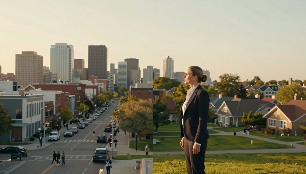 A serene cityscape split into two contrasting halves representing Joanna Senyszyn's life between cities. In the foreground, a well-dressed woman in professional attire stands confidently, gazing towards the horizons of the city. On the left side, a vibrant urban environment bustling with people, modern architecture, and lively street scenes; on the right, a tranquil suburban area with green spaces and quaint homes. Soft, warm lighting bathes both sides in late afternoon sunlight, enhancing the peaceful coexistence of city and suburban life. The image captures a harmonious blend of urban energy and suburban serenity, evoking a balanced lifestyle. A wide-angle lens perspective emphasizes the connection between the two worlds, creating an inviting and balanced atmosphere. A serene cityscape split into two contrasting halves representing Joanna Senyszyn's life between cities. In the foreground, a well-dressed woman in professional attire stands confidently, gazing towards the horizons of the city. On the left side, a vibrant urban environment bustling with people, modern architecture, and lively street scenes; on the right, a tranquil suburban area with green spaces and quaint homes. Soft, warm lighting bathes both sides in late afternoon sunlight, enhancing the peaceful coexistence of city and suburban life. The image captures a harmonious blend of urban energy and suburban serenity, evoking a balanced lifestyle. A wide-angle lens perspective emphasizes the connection between the two worlds, creating an inviting and balanced atmosphere.