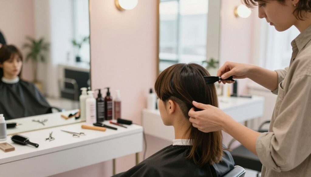 A serene hair salon scene focusing on various hair styling techniques. In the foreground, a professional stylist, dressed in modest casual clothing, demonstrates an undercut hairstyle on a model with medium-length hair, showcasing the precision of the cut and the styling process. The middle ground features an array of salon tools, including scissors, brushes, and hair products, carefully arranged on a sleek workspace. The background reveals a softly lit salon environment with pastel-colored walls, mirrors reflecting natural light, and stylish decor that evokes a calm atmosphere. The overall mood is professional yet inviting, emphasizing creativity and skill in hair styling. The image should be captured from a slightly elevated angle to provide a comprehensive view of the styling action. A serene hair salon scene focusing on various hair styling techniques. In the foreground, a professional stylist, dressed in modest casual clothing, demonstrates an undercut hairstyle on a model with medium-length hair, showcasing the precision of the cut and the styling process. The middle ground features an array of salon tools, including scissors, brushes, and hair products, carefully arranged on a sleek workspace. The background reveals a softly lit salon environment with pastel-colored walls, mirrors reflecting natural light, and stylish decor that evokes a calm atmosphere. The overall mood is professional yet inviting, emphasizing creativity and skill in hair styling. The image should be captured from a slightly elevated angle to provide a comprehensive view of the styling action.