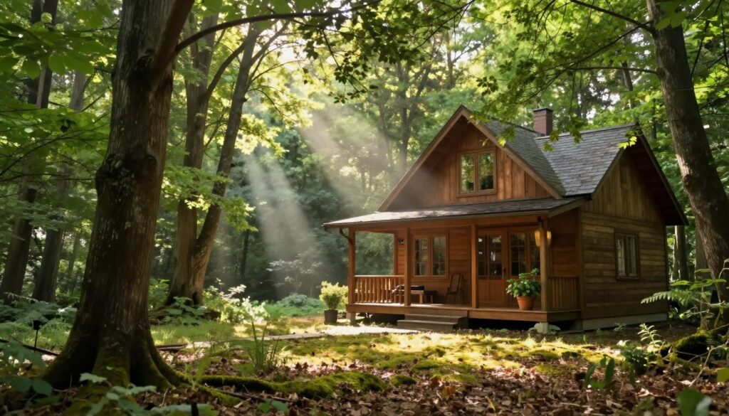 A serene house nestled in the heart of a lush forest, surrounded by towering trees and vibrant greenery. The foreground features a cozy wooden cabin with a welcoming porch adorned with potted plants. In the middle ground, soft rays of sunlight filter through the leaves, creating dappled patterns on the forest floor, which is covered in a mix of moss and fallen leaves. In the background, the trees form a dense canopy, while a gentle breeze stirs the branches, adding a sense of tranquility. The overall atmosphere is peaceful and inviting, suggesting a perfect retreat. The image is captured with a soft focus lens to enhance the dreamlike quality of this hidden oasis, bathed in warm, natural lighting. A serene house nestled in the heart of a lush forest, surrounded by towering trees and vibrant greenery. The foreground features a cozy wooden cabin with a welcoming porch adorned with potted plants. In the middle ground, soft rays of sunlight filter through the leaves, creating dappled patterns on the forest floor, which is covered in a mix of moss and fallen leaves. In the background, the trees form a dense canopy, while a gentle breeze stirs the branches, adding a sense of tranquility. The overall atmosphere is peaceful and inviting, suggesting a perfect retreat. The image is captured with a soft focus lens to enhance the dreamlike quality of this hidden oasis, bathed in warm, natural lighting.