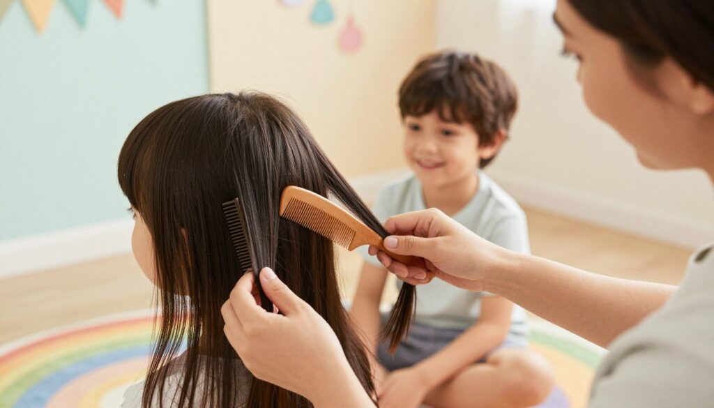 A serene indoor setting featuring a parent gently caring for their child’s longer hair, illustrating daily hair care routines. The foreground shows a close-up of the parent’s hands using a comb and natural products like oil and a small brush on the child’s hair, which is shiny and well-groomed. In the middle, the child, a young boy of about 7 years, is sitting on a colorful rug, looking relaxed and happy, with loose strands of hair framing his face. The background features soft pastel-colored walls adorned with playful decorations, creating a warm and nurturing atmosphere. Soft, diffused lighting enhances the peaceful ambiance, while a shallow depth of field focuses on the hair care interaction, celebrating the joy of grooming and connection.