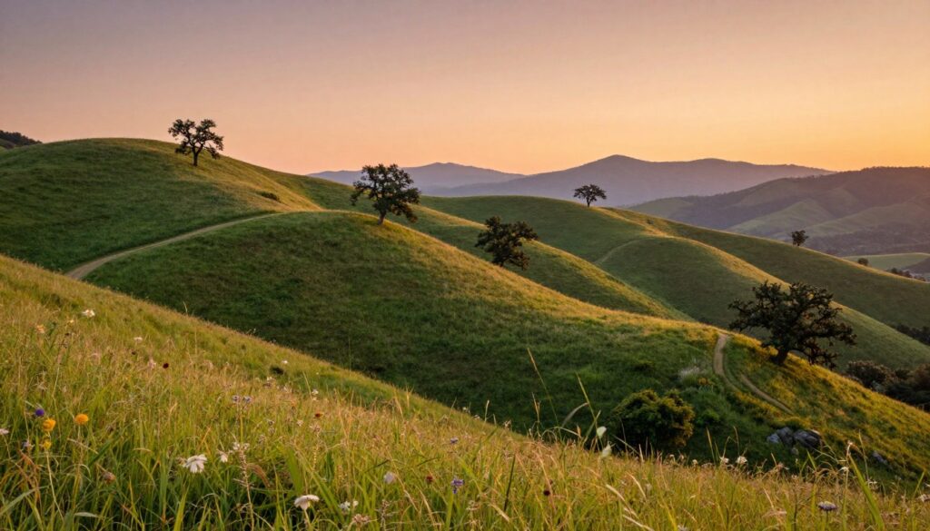 A serene landscape of hidden hills, bathed in soft golden sunlight during the golden hour. The foreground features lush, green grass dotted with wildflowers and a meandering path leading into the hills. In the middle ground, gentle rolling hills rise, their slopes covered in dense, vibrant vegetation, showcasing varying shades of green, with a few scattered oak trees adding character. The background highlights a breathtaking view of a distant mountain range under a cloudless sky, painted in warm hues of orange and pink, signaling sunset. The atmosphere is tranquil and luxurious, suggesting a sense of exclusivity and prestige. The image captures the essence of a secluded retreat, perfect for high-profile individuals seeking privacy. Focused on vivid colors and soft textures, this picturesque scene embodies an opulent yet natural setting. A serene landscape of hidden hills, bathed in soft golden sunlight during the golden hour. The foreground features lush, green grass dotted with wildflowers and a meandering path leading into the hills. In the middle ground, gentle rolling hills rise, their slopes covered in dense, vibrant vegetation, showcasing varying shades of green, with a few scattered oak trees adding character. The background highlights a breathtaking view of a distant mountain range under a cloudless sky, painted in warm hues of orange and pink, signaling sunset. The atmosphere is tranquil and luxurious, suggesting a sense of exclusivity and prestige. The image captures the essence of a secluded retreat, perfect for high-profile individuals seeking privacy. Focused on vivid colors and soft textures, this picturesque scene embodies an opulent yet natural setting.