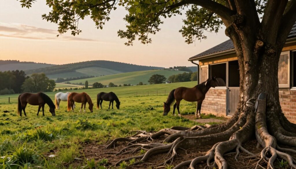 A serene landscape showcasing the roots and beginnings of equestrian life in Poland. In the foreground, a lush green field features a picturesque horse stable with well-groomed horses, symbolizing dedication and care. Rich, textured tree roots emerge from the ground, representing the deep connections to heritage and roots. In the mid-ground, a small group of horses grazes peacefully, capturing the grace and strength of these majestic animals. The background reveals rolling hills under a soft, warm sunset, enhancing the tranquil atmosphere. Soft, golden lighting bathes the scene, highlighting the vibrant colors of nature and evoking a sense of nostalgia and warmth. The perspective is slightly elevated, offering a panoramic view that invites contemplation of the journey ahead. A serene landscape showcasing the roots and beginnings of equestrian life in Poland. In the foreground, a lush green field features a picturesque horse stable with well-groomed horses, symbolizing dedication and care. Rich, textured tree roots emerge from the ground, representing the deep connections to heritage and roots. In the mid-ground, a small group of horses grazes peacefully, capturing the grace and strength of these majestic animals. The background reveals rolling hills under a soft, warm sunset, enhancing the tranquil atmosphere. Soft, golden lighting bathes the scene, highlighting the vibrant colors of nature and evoking a sense of nostalgia and warmth. The perspective is slightly elevated, offering a panoramic view that invites contemplation of the journey ahead.