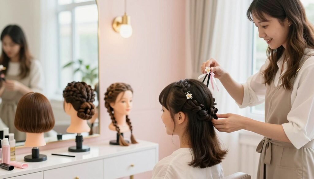A serene setting showcasing a stylistic consultation for hairdos tailored to various lengths of hair. In the foreground, a young girl with medium-length hair is seated in a bright, cozy salon, smiling as a stylist demonstrates an elegant updo. The stylist, dressed in a chic, professional outfit, holds hair accessories like ribbons and flowers. In the middle, an elegant display of hairstyles including buns, braids, and flowing locks is visible, representing short, medium, and long hair options. The background features soft, pastel colors, natural light streaming in through large windows, creating a warm, inviting atmosphere. The focus is on showcasing the hairstyles' adaptability and beauty, embodying a sense of joy and elegance perfect for special occasions.