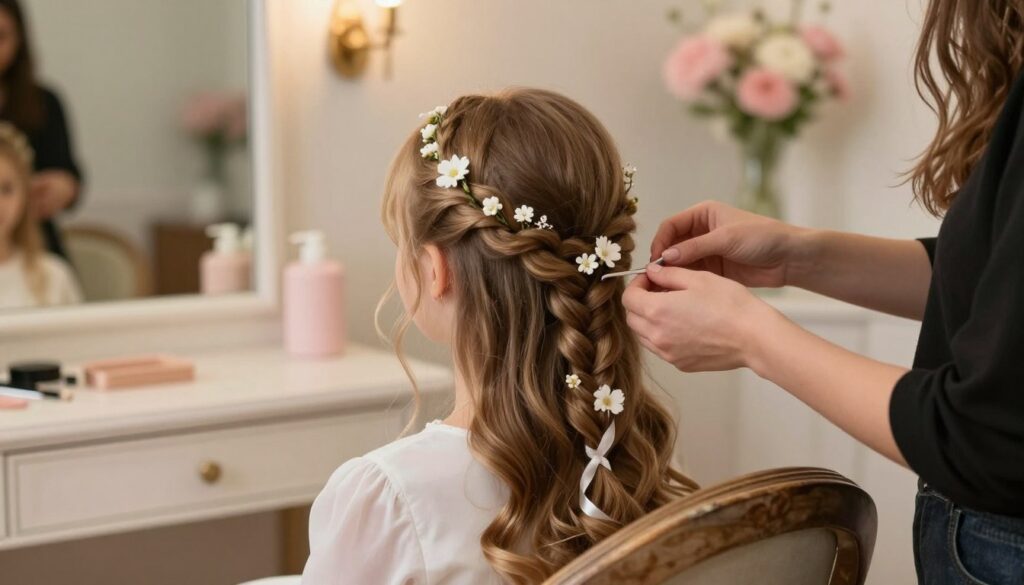 A serene, softly lit salon setting with a young girl seated in a vintage chair, her long hair styled elegantly for a communion event. In the foreground, her hair is braided intricately with delicate white flowers and ribbons woven through the strands. The middle ground showcases a stylist gently securing the hairstyle, focusing on the details of the updo, demonstrating techniques for styling and setting hair. In the background, soft pastel-colored decorations and a mirror reflect the tranquil ambiance. The lighting is warm and inviting, casting a subtle glow that enhances the elegant atmosphere. The mood is calm and joyful, embodying the essence of a special occasion. No text or watermarks are present in the image.