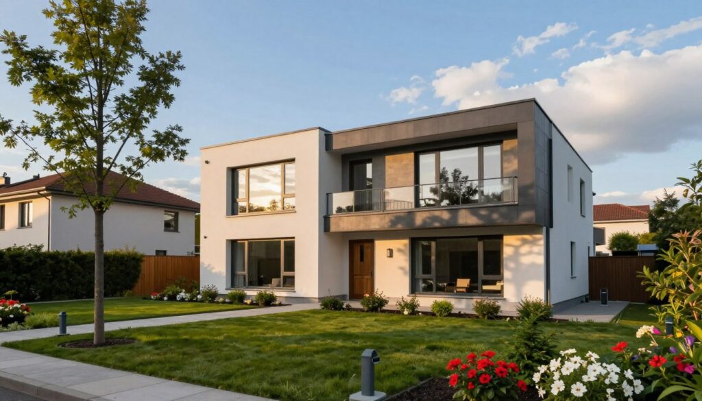 A serene suburban scene featuring a modern, sleek house representing the residence of Rafał Brzoska, surrounded by a well-manicured garden. In the foreground, two stylish trees and vibrant flowers create a welcoming atmosphere. The middle ground showcases the contemporary design of the home with large windows reflecting the sunlight, emphasizing a blend of elegance and comfort. In the background, a clear blue sky transitions to soft clouds, enhancing the peaceful mood. The lighting is warm and inviting, suggesting a sunny afternoon. The image should capture a sense of privacy and success, reflective of a prominent business figure's lifestyle, portrayed without any individuals present. A serene suburban scene featuring a modern, sleek house representing the residence of Rafał Brzoska, surrounded by a well-manicured garden. In the foreground, two stylish trees and vibrant flowers create a welcoming atmosphere. The middle ground showcases the contemporary design of the home with large windows reflecting the sunlight, emphasizing a blend of elegance and comfort. In the background, a clear blue sky transitions to soft clouds, enhancing the peaceful mood. The lighting is warm and inviting, suggesting a sunny afternoon. The image should capture a sense of privacy and success, reflective of a prominent business figure's lifestyle, portrayed without any individuals present.