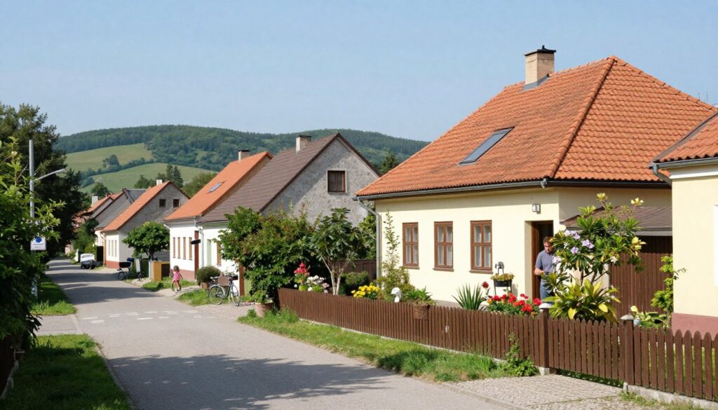A serene village scene in Plutyczach, Poland, depicting a quiet street lined with small, charming houses and lush greenery. In the foreground, a path leads to a cozy home with a neatly kept garden, showcasing vibrant flowers and a wooden fence. A hint of a man can be seen in the doorway, dressed in casual attire, engaging with nature and embodying a warm, welcoming spirit. The middle ground features subtle signs of daily life, like bicycles parked and children playing, while in the background, rolling hills under a clear blue sky evoke a sense of tranquility. Soft, natural lighting bathes the scene, casting gentle shadows. The overall mood is peaceful and inviting, reflecting the essence of a cherished home in the heart of a charming village. A serene village scene in Plutyczach, Poland, depicting a quiet street lined with small, charming houses and lush greenery. In the foreground, a path leads to a cozy home with a neatly kept garden, showcasing vibrant flowers and a wooden fence. A hint of a man can be seen in the doorway, dressed in casual attire, engaging with nature and embodying a warm, welcoming spirit. The middle ground features subtle signs of daily life, like bicycles parked and children playing, while in the background, rolling hills under a clear blue sky evoke a sense of tranquility. Soft, natural lighting bathes the scene, casting gentle shadows. The overall mood is peaceful and inviting, reflecting the essence of a cherished home in the heart of a charming village.