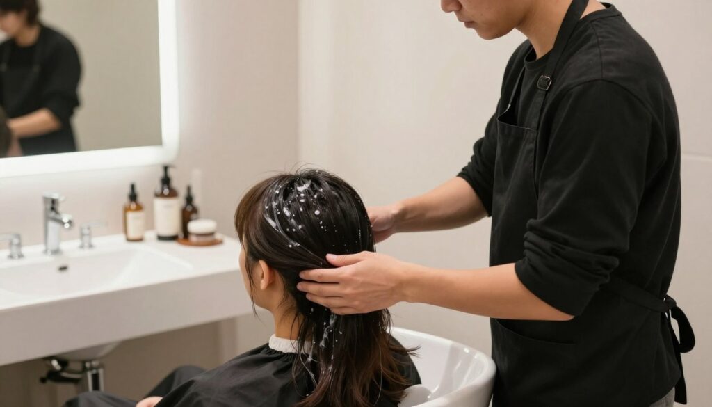 A serene, well-lit bathroom setting featuring a professional hairstylist performing scalp care on a client. In the foreground, a focused hairstylist in a stylish black apron, wearing modest casual clothing, gently massages a scalp treatment into the client's hair, showcasing a variety of hair types and lengths. The middle ground captures a sleek, modern sink area with organized beauty products like oils and creams for scalp maintenance. In the background, a mirror reflects soft ambient lighting, enhancing the tranquil atmosphere. The overall mood is calming and rejuvenating, emphasizing the importance of scalp care in maintaining a fresh hairstyle. The composition avoids any clutter, focusing solely on the interaction and the products involved in hair care. A serene, well-lit bathroom setting featuring a professional hairstylist performing scalp care on a client. In the foreground, a focused hairstylist in a stylish black apron, wearing modest casual clothing, gently massages a scalp treatment into the client's hair, showcasing a variety of hair types and lengths. The middle ground captures a sleek, modern sink area with organized beauty products like oils and creams for scalp maintenance. In the background, a mirror reflects soft ambient lighting, enhancing the tranquil atmosphere. The overall mood is calming and rejuvenating, emphasizing the importance of scalp care in maintaining a fresh hairstyle. The composition avoids any clutter, focusing solely on the interaction and the products involved in hair care.