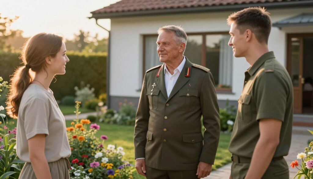 A serene, well-lit outdoor scene depicting the private life of Roman Polko, former commander of GROM. In the foreground, a distinguished middle-aged man in professional attire stands confidently, engaged in a conversation with a young adult, both smiling and showcasing a relaxed demeanor. In the middle, a beautifully maintained garden symbolizes tranquility, with vibrant flowers and lush greenery, hints of a modern home in the background featuring large windows that allow natural light to flood the space. The sun is setting, casting a warm golden hue over the entire scene, enhancing the sense of peace and stability. Capture the essence of family life, camaraderie, and the connection to home, with an emphasis on a warm and inviting atmosphere. A serene, well-lit outdoor scene depicting the private life of Roman Polko, former commander of GROM. In the foreground, a distinguished middle-aged man in professional attire stands confidently, engaged in a conversation with a young adult, both smiling and showcasing a relaxed demeanor. In the middle, a beautifully maintained garden symbolizes tranquility, with vibrant flowers and lush greenery, hints of a modern home in the background featuring large windows that allow natural light to flood the space. The sun is setting, casting a warm golden hue over the entire scene, enhancing the sense of peace and stability. Capture the essence of family life, camaraderie, and the connection to home, with an emphasis on a warm and inviting atmosphere.