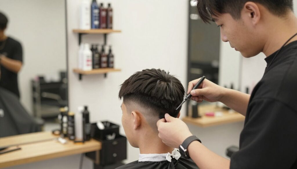 A skilled hairdresser demonstrating low fade haircut techniques in a modern barbershop environment. The foreground features the stylist, dressed in professional attire, focusing intently on a client's hair with precision tools in hand. In the middle ground, the client's hair showcases a stylish low fade with smooth transitions from short to longer lengths, emphasizing clean lines and subtle texture. The background includes shelves with grooming products and a large mirror reflecting the haircutting process, bathed in warm, natural lighting that creates an inviting atmosphere. The scene captures a sense of professionalism, showcasing best practices while avoiding common fading mistakes. The angle is slightly elevated to highlight the hair details and the stylist's technique, creating a sense of depth and engagement.