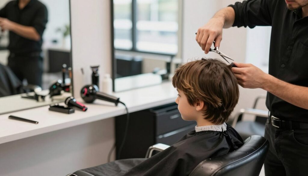 A skilled hairstylist focused on cutting a boy's bob hairstyle in a contemporary salon setting. In the foreground, the young boy with straight and slightly wavy hair sits in a stylish salon chair, concentrated and relaxed. The stylist, dressed in professional attire, expertly employs scissors and a comb, showcasing modern haircut techniques. In the middle background, an array of professional styling tools like clippers and hairdryers are neatly organized on a countertop. Soft, natural lighting filters through large windows, illuminating the scene and highlighting the hair texture. The atmosphere feels calm and inviting, emphasizing a blend of professionalism and creativity in hairstyling. The image should be composed without any distractions, focusing solely on the haircutting process. A skilled hairstylist focused on cutting a boy's bob hairstyle in a contemporary salon setting. In the foreground, the young boy with straight and slightly wavy hair sits in a stylish salon chair, concentrated and relaxed. The stylist, dressed in professional attire, expertly employs scissors and a comb, showcasing modern haircut techniques. In the middle background, an array of professional styling tools like clippers and hairdryers are neatly organized on a countertop. Soft, natural lighting filters through large windows, illuminating the scene and highlighting the hair texture. The atmosphere feels calm and inviting, emphasizing a blend of professionalism and creativity in hairstyling. The image should be composed without any distractions, focusing solely on the haircutting process.