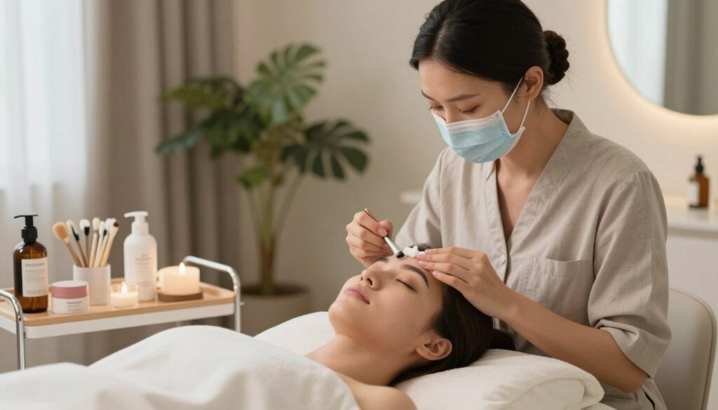 A soothing spa environment designed for safely removing permanent makeup. In the foreground, an elegantly arranged treatment table with natural skincare products, applicators, and soothing creams neatly displayed. Soft, ambient lighting casts a gentle glow, creating a calm and inviting atmosphere. In the middle, a professional beautician in modest casual attire gently applying a natural cleanser to a client's brow area, both appearing relaxed and at ease. The backdrop features soft colors and botanical decor, enhancing the serene vibe. The scene captures a sense of care and professionalism, emphasizing safety and comfort in the process of makeup removal. The image should convey a tranquil, reassuring mood, focusing on the gradual, gentle process of skincare treatment.