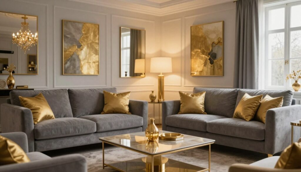 A sophisticated and elegant gray living room adorned with golden accents, creating a cozy yet luxurious atmosphere. In the foreground, plush gray sofas are complemented by golden throw pillows and a stylish coffee table with a shimmering gold centerpiece. The middle section features tasteful golden wall art and mirrors reflecting warm light. Luxurious golden lamp fixtures cast a soft, inviting glow throughout the space. In the background, large windows let in natural light, highlighting the refined decor. This image should evoke a sense of elegance and charm, showcasing a harmonious balance of gray and gold tones. The setting should feel welcoming yet upscale, ideal for a stylish, modern home. Use warm lighting to enhance the inviting mood. A sophisticated and elegant gray living room adorned with golden accents, creating a cozy yet luxurious atmosphere. In the foreground, plush gray sofas are complemented by golden throw pillows and a stylish coffee table with a shimmering gold centerpiece. The middle section features tasteful golden wall art and mirrors reflecting warm light. Luxurious golden lamp fixtures cast a soft, inviting glow throughout the space. In the background, large windows let in natural light, highlighting the refined decor. This image should evoke a sense of elegance and charm, showcasing a harmonious balance of gray and gold tones. The setting should feel welcoming yet upscale, ideal for a stylish, modern home. Use warm lighting to enhance the inviting mood.
